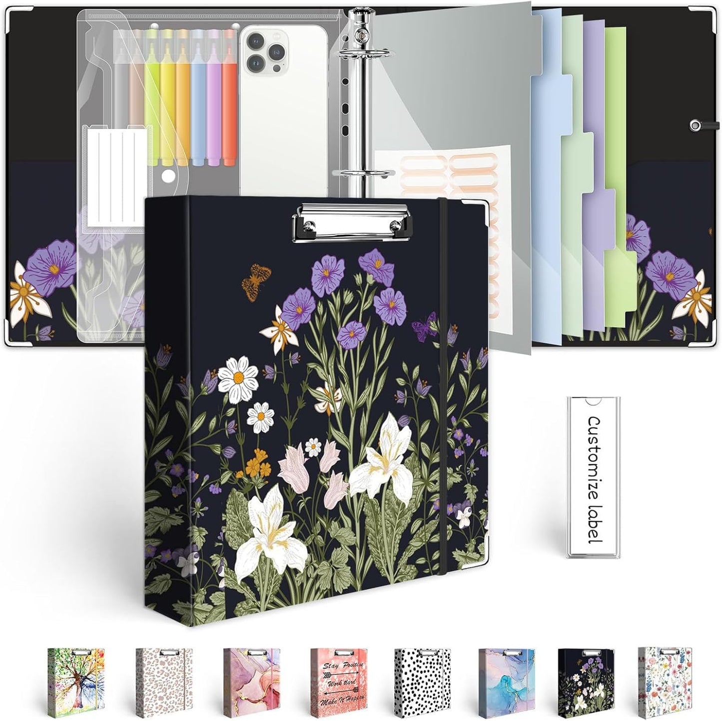 3 Ring Binder 1 Inch, Three Ring Binders Organizer with Clipboard, 5-Tabs Pockets Dividers, Plastic Folder, 18 Divider Stikers, BVSSX Pretty Binder with Pen Loop (Black Weeds, Letter Size)