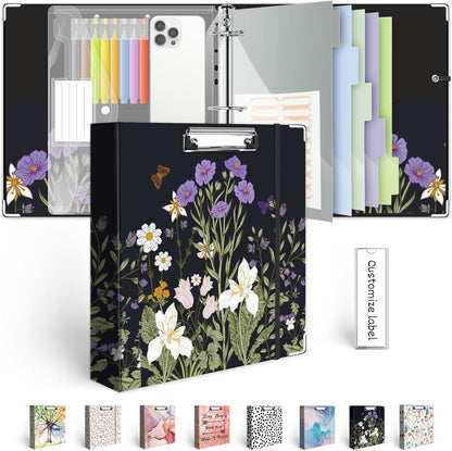 3 Ring Binder 1 Inch, Three Ring Binders Organizer with Clipboard, 5-Tabs Pockets Dividers, Plastic Folder, 18 Divider Stikers, BVSSX Pretty Binder with Pen Loop (Black Weeds, Letter Size)