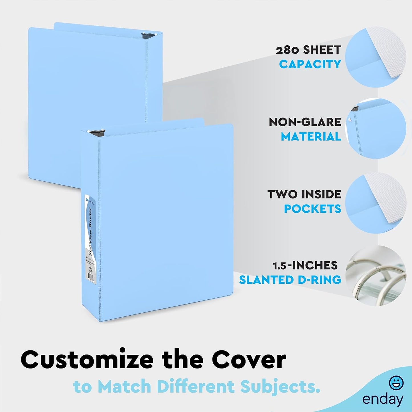 Enday 1.5 Inch Binder, Green - 1.5 Inch 3 Ring Binder, Round Ring Pastel with Clear View Cover for Letter Size 8.5 x 11'' Paper & 2 Inside Pockets, Ideal for School Supplies, Office, and Home