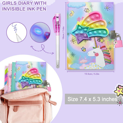Pop Girls Diary with Lock and Invisible Ink Double-end Pen, 7.5x5.4” 160 Lined Page Fidget Colorful Heart Girls Journal for Kids Secret Notebook Pen Set Birthday Gifts for Girls 5 6 7 8 9 10 Years Old