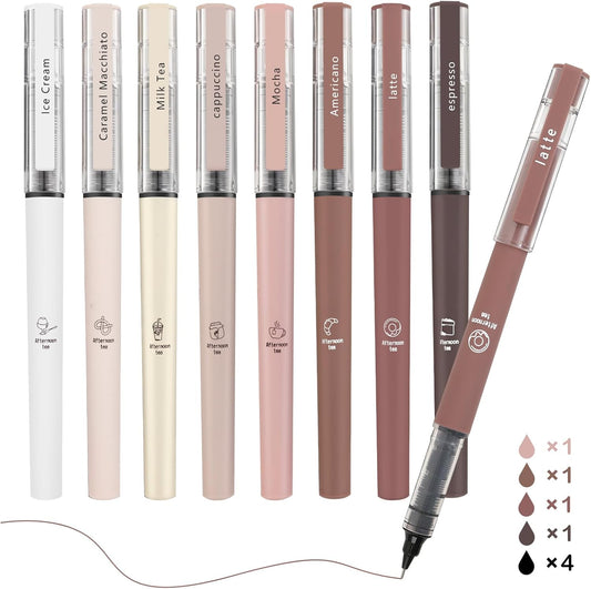 Aesthetic Cute Stick Rollerball Pens, 8pcs Quick Dry Colored Liquid Ink Pens, 0.5mm Fine Point Coffee Pens Soft Touch Smooth Writing for Journaling School Supplies (8 Pack, Multicolor Ink)
