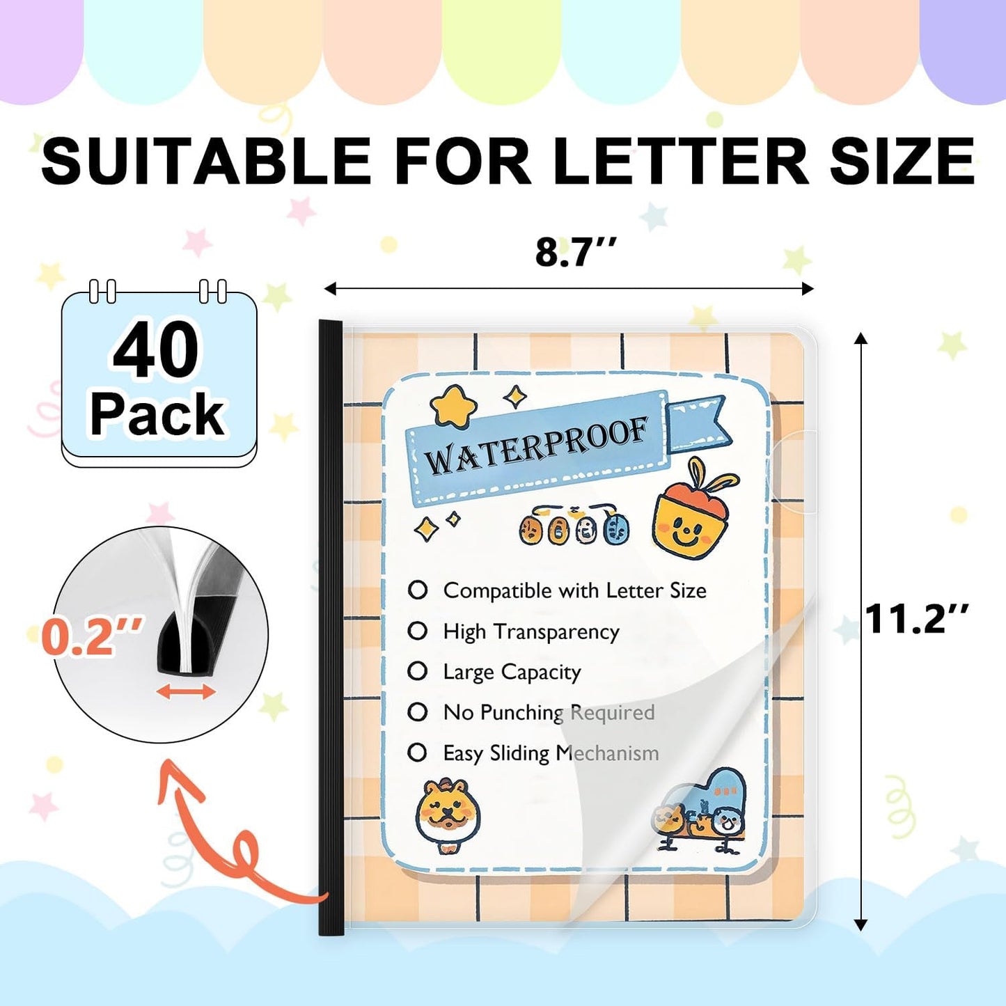 TOTiyea 40 Pack Clear Report Covers with Sliding Bars, 5mm (25 Sheet Capacity) Black Sliding Bar File Folders, for Letter Size