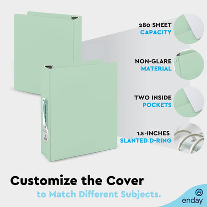 Enday 1.5 Inch Binder, Green - 1.5 Inch 3 Ring Binder, Round Ring Pastel with Clear View Cover for Letter Size 8.5 x 11'' Paper & 2 Inside Pockets, Ideal for School Supplies, Office, and Home