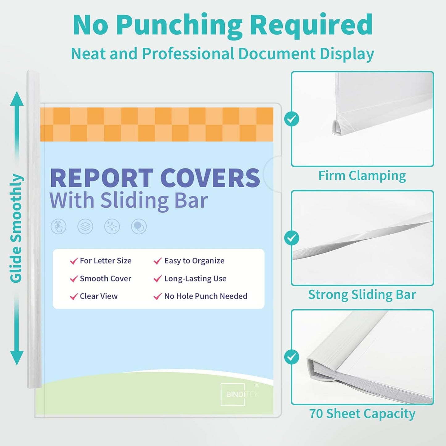 Binditek 12 Pack Clear Report Covers with Sliding Bars, 9mm Sliding Bar File Folder, 70 Sheet Capacity, Letter Size, 5.5 Mil Thick, White, for Students and Coworkers