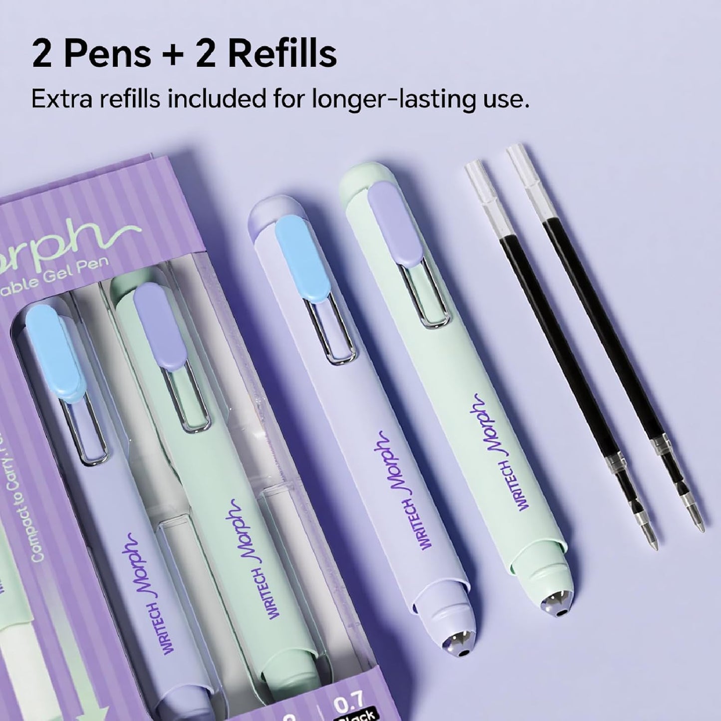 WRITECH Morph Extendable Gel Pens: 0.7mm Medium Point Black Ink Pocket-to-Full-Size Design Translucent Soft Grip Barrel Includes 2 Pens and 2 Refills Dual-Length Pocket Pen 4.6" to 6.1"