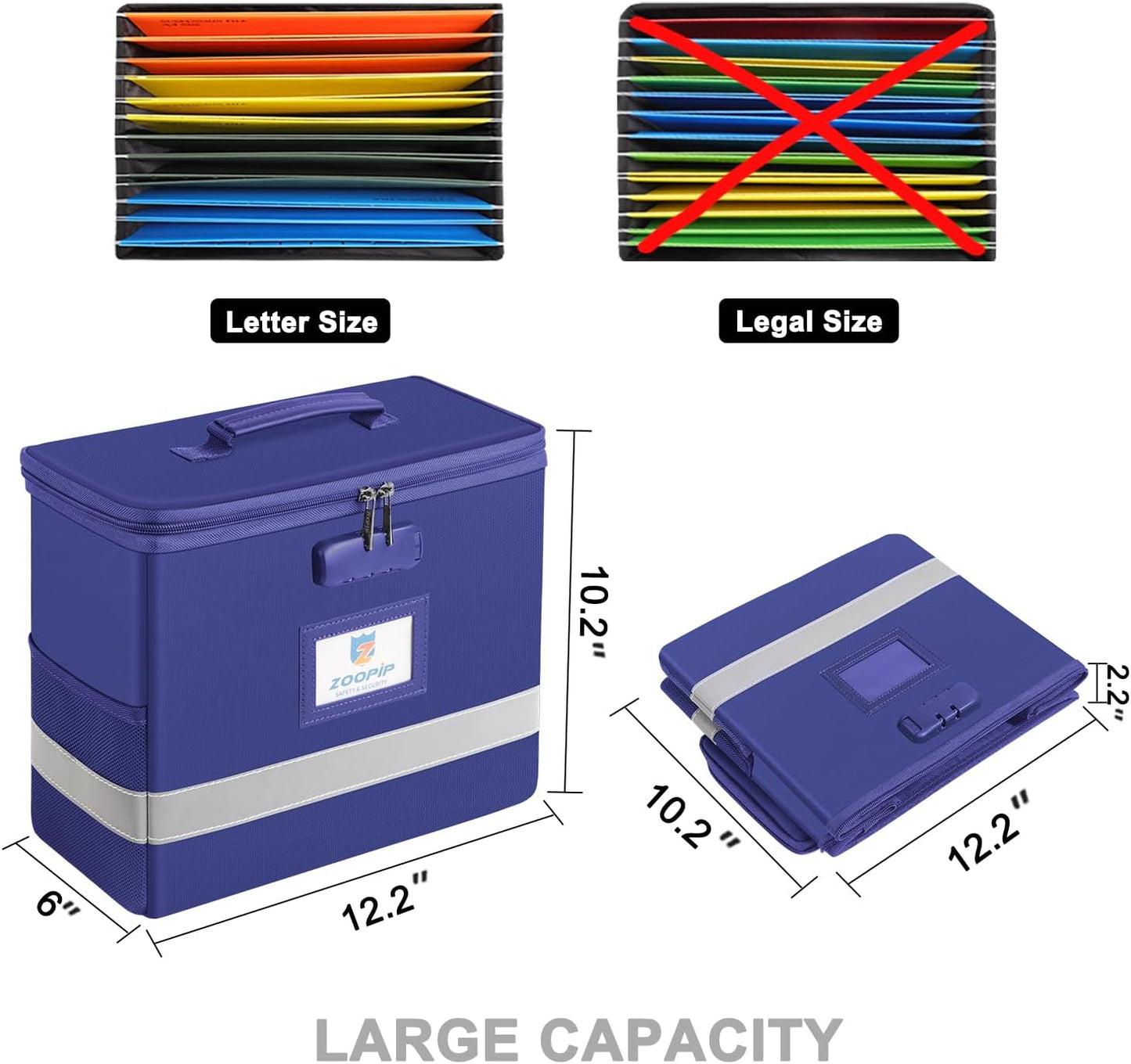 Fireproof File Box with Lock, Document Box Storage Organizer, Suitable for Hanging File Folders in Letter Size, Collapsible File Box, Reflective Strip for Fast Find (12.2"*6"*10.2, Black)
