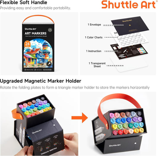 Shuttle Art Brush Tip Alcohol Markers, Dual Tip Brush & Fine Tip Art Marker Set, 121 Colors Marker Pens with Organized Case Perfect for Illustration Students Adults Coloring Sketching