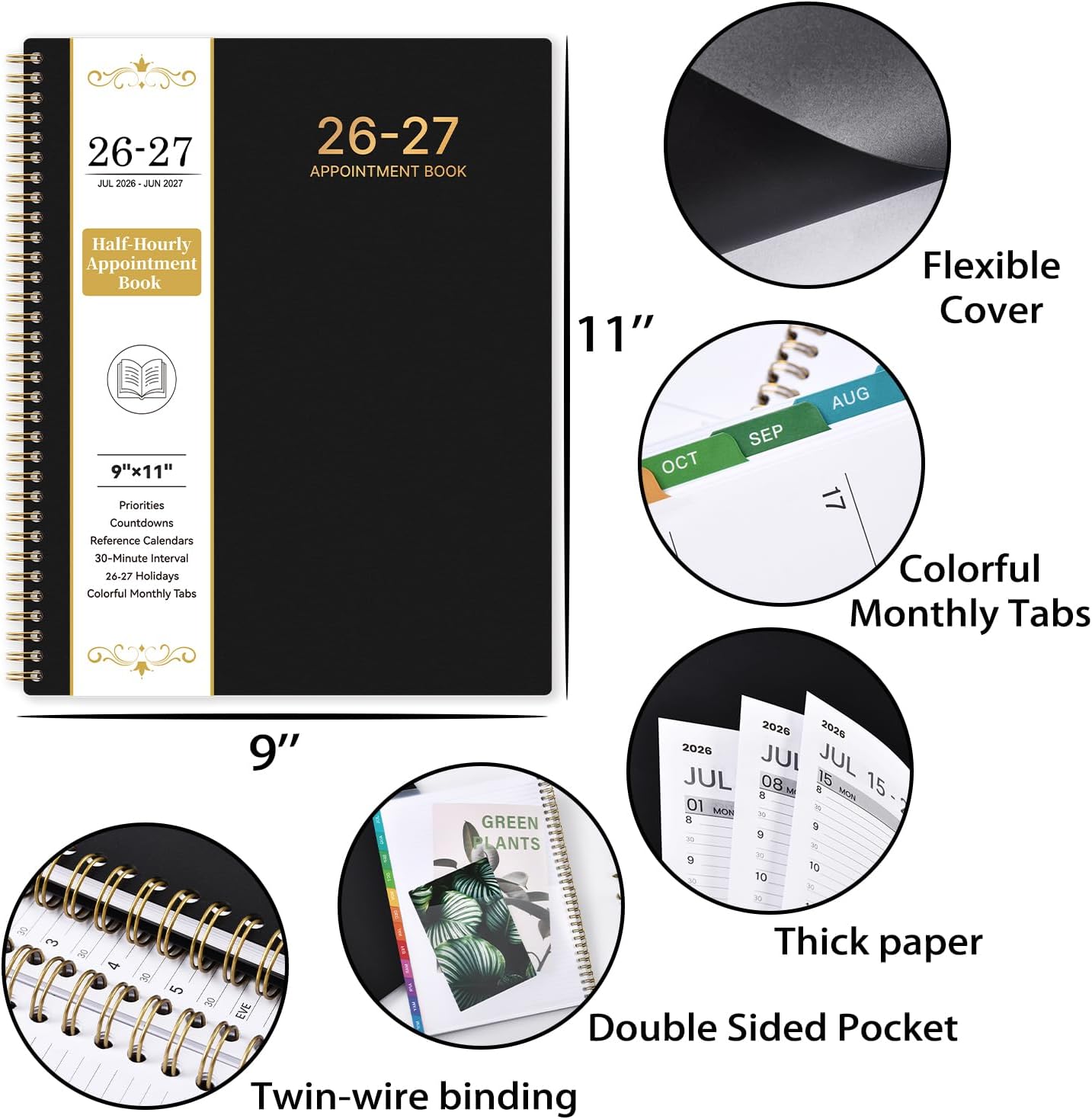 Appointment Book 2026-2027 - Planner 2026-2027, 9" x 11", July 2026 - June 2027, Daily Hourly Planner with 30-Minute Interval, Weekly & Monthly, Colorful Monthly Tabs, Inner Pocket - Black