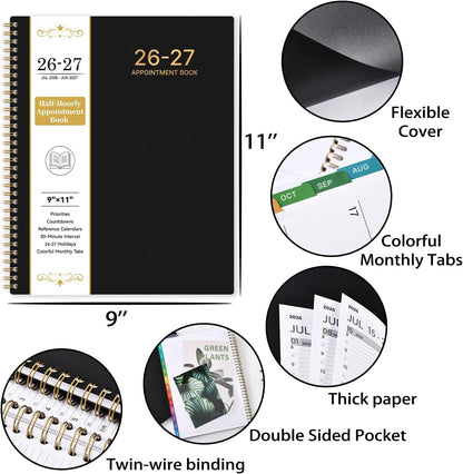 Appointment Book 2026-2027 - Planner 2026-2027, 9" x 11", July 2026 - June 2027, Daily Hourly Planner with 30-Minute Interval, Weekly & Monthly, Colorful Monthly Tabs, Inner Pocket - Black