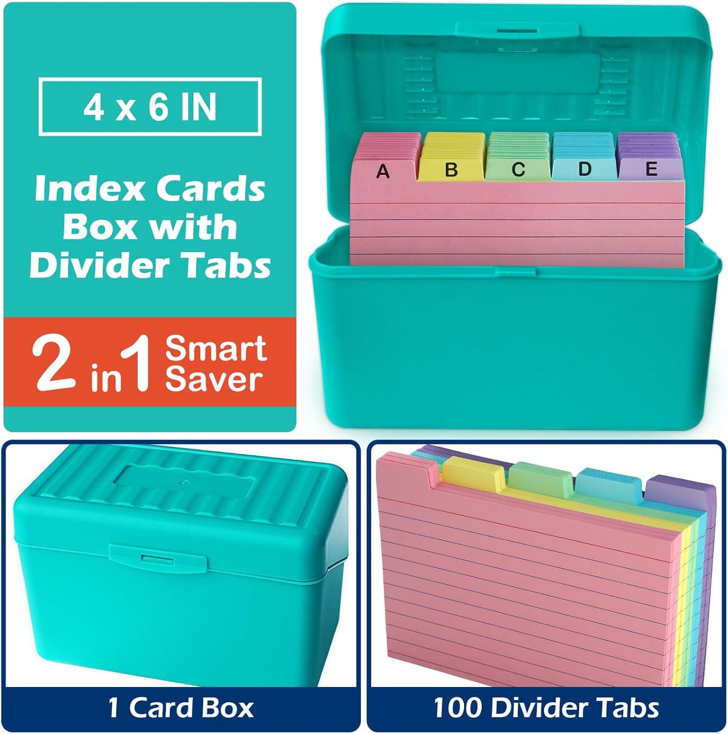 Olivo 4x6 Index Card Holder Box with 100 Cards Dividers Tabs 4"x 6", Blue