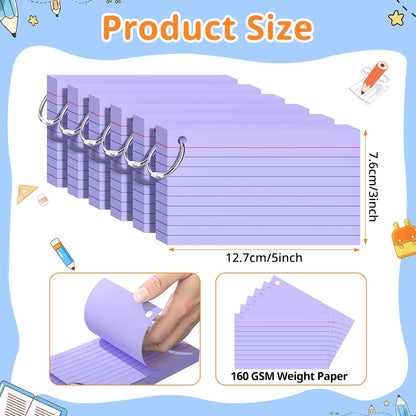 Index Cards 3x5 Inches, 300 PCS, Colored Flash Cards With Ring, Punched Lined Study Card Ruled Flashcards Notecards, Ruled Front And Blank Back, Note Card for School, College And Home
