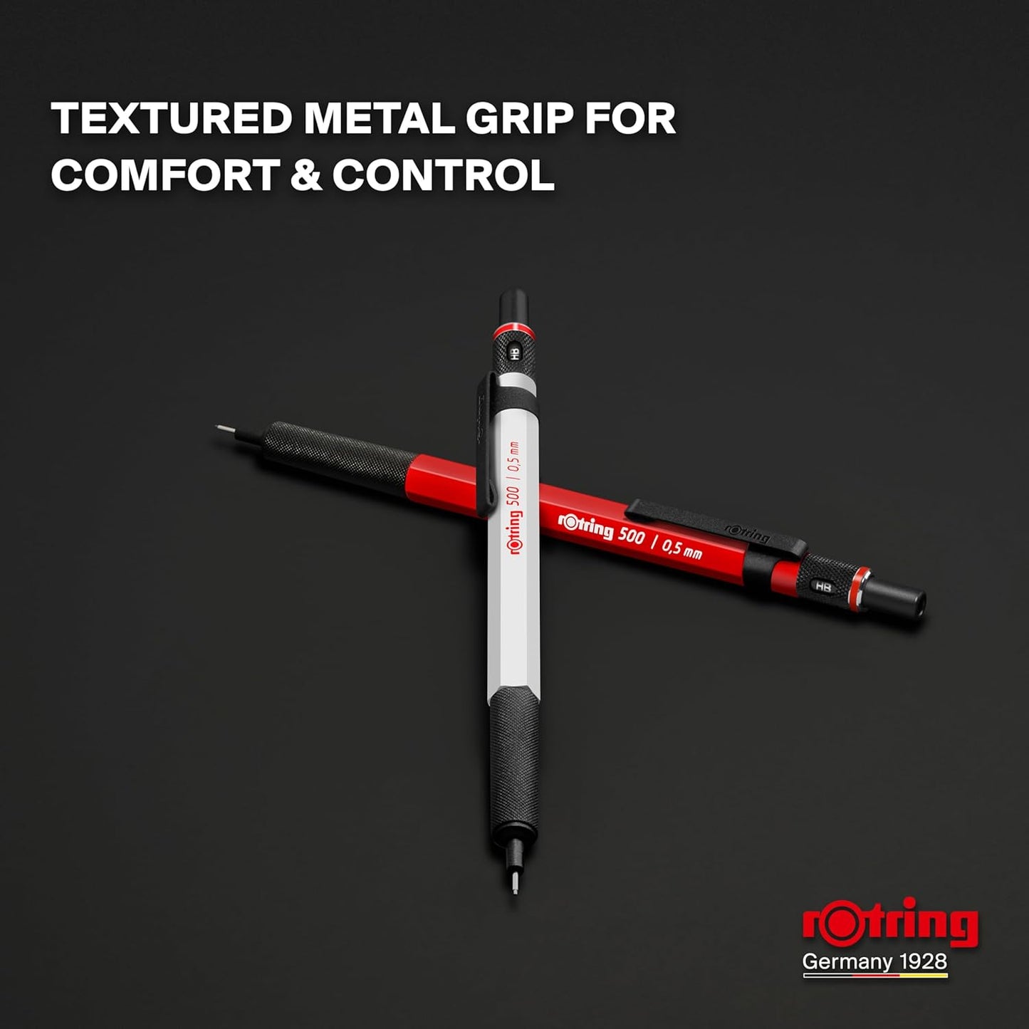 rOtring 500 Mechanical Pencil 0.5mm HB Lead Green hexagonal plastic barrel and non-slip textured metal grip