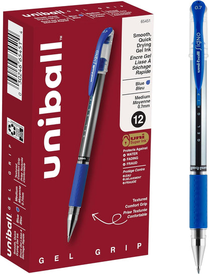 uniball Gel Grip Gel Pens, Medium Point (0.7mm), Blue, 12 Pack
