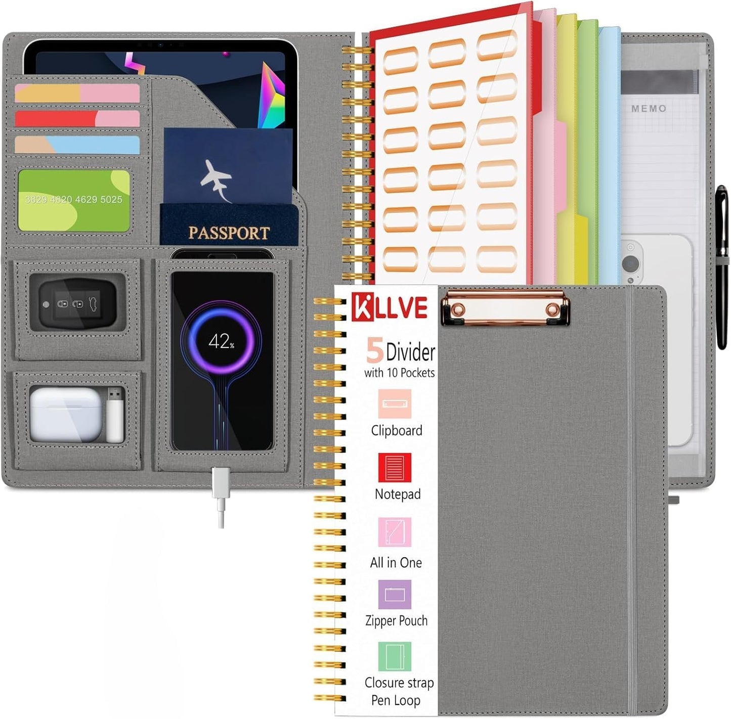 Grey Foldable Spiral Clipboard Folio with Storage Zipper Pouch, 5 Plastic Folders with Pockets,Refillable Lined Notepad (8.5" x 11"), Hardcover Project Organizer with 39 Stickers