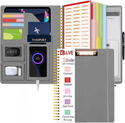 Grey Foldable Spiral Clipboard Folio with Storage Zipper Pouch, 5 Plastic Folders with Pockets,Refillable Lined Notepad (8.5" x 11"), Hardcover Project Organizer with 39 Stickers
