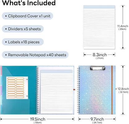 Glitter Clipboard Notebook with Storage for Letter Size, 8.5 x 11 Notepad Holder with 5 Folders and Dividers, Size 12.8X 9.7 in, Spiral Portfolio for Nursing Teacher School Supplies,.Teal