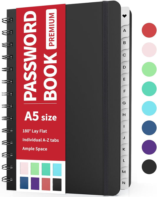 Forvencer Password Book with Individual Alphabetical Tabs, 5.3"x7.6" Medium Size Password Notebook, Spiral Password Keeper Book for Senior, Cute Password Manager Logbook for Home Office, Navy Blue