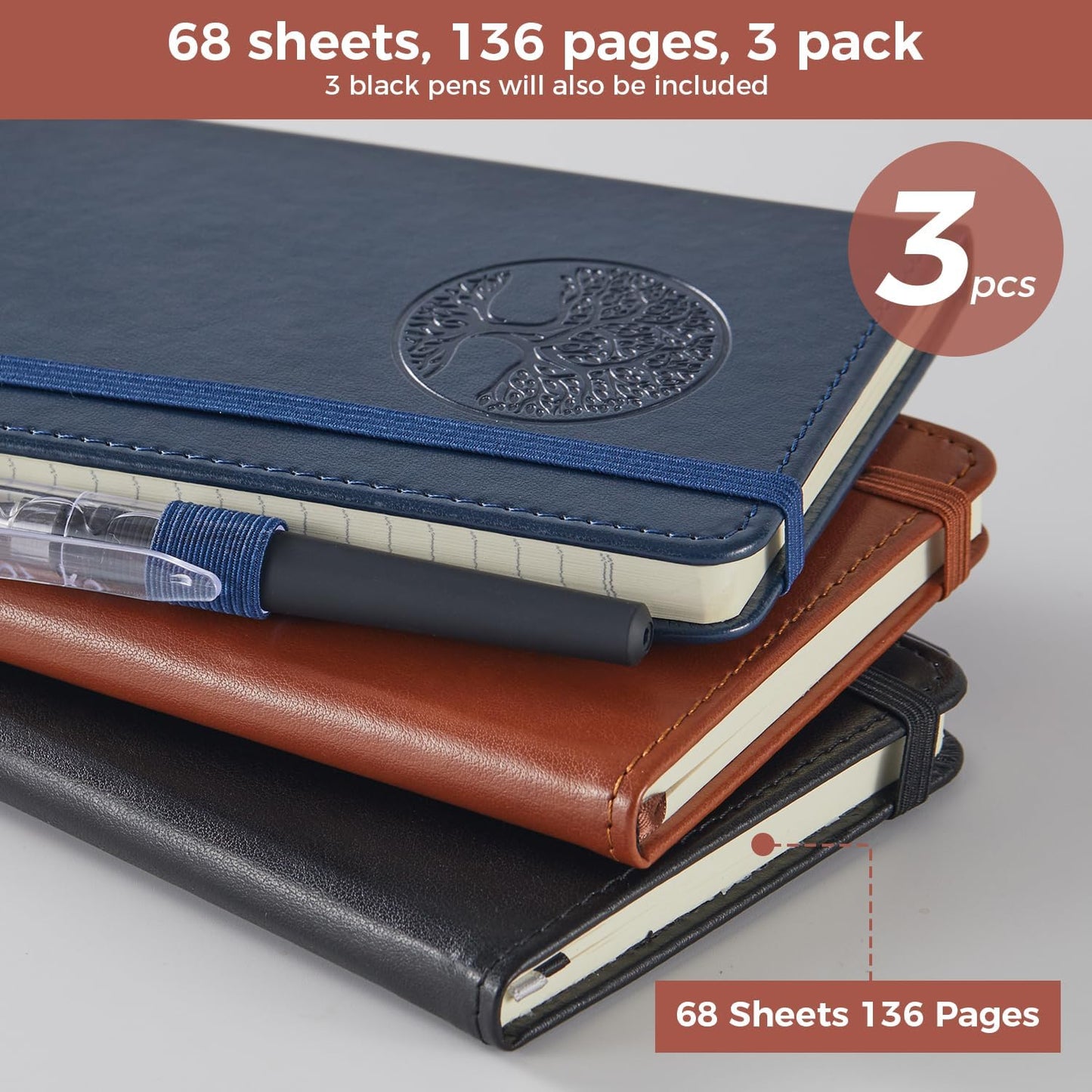 NIRMIRO Small Notebook Journals, 3 Pack Mini Pocket Note pads for Men & Women Writing, A6 Small Leather Notepad 3.7" x 5.7" with Pen, Black, Red, Green