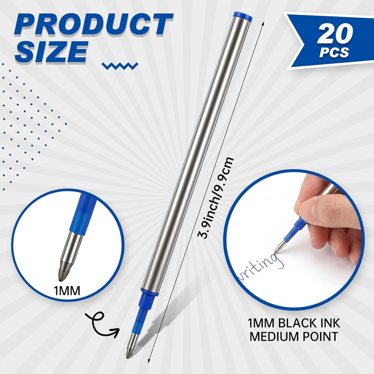 Sherr 20 Pcs 4.4 inch Replaceable Rollerball Pen Refills 0.5mm Fine Point Metal Body Refills Compatible with Mainstream Fountain Pens Smooth Writing Quick Dry Anti-Bleed for School Office(Black Ink)