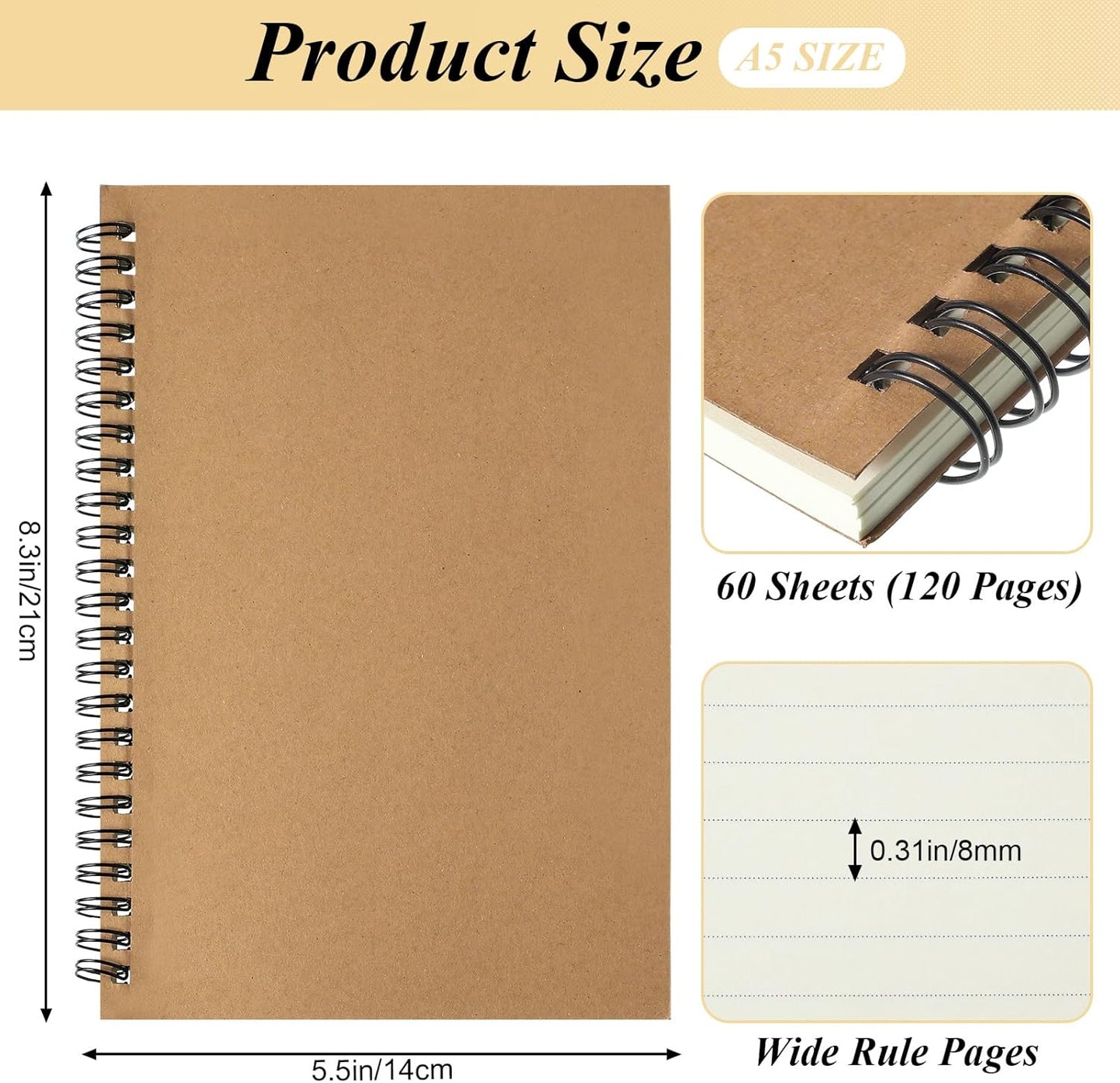 Leelosp 12 Pack Small Spiral Notebook Lined Spiral Journal College Ruled Notebook Wire Bound Kraft Cover, 120 Pages for Work (Multicolor,5.5 x 8.3 Inch)