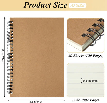 Leelosp 12 Pack Small Spiral Notebook Lined Spiral Journal College Ruled Notebook Wire Bound Kraft Cover, 120 Pages for Work (Multicolor,5.5 x 8.3 Inch)
