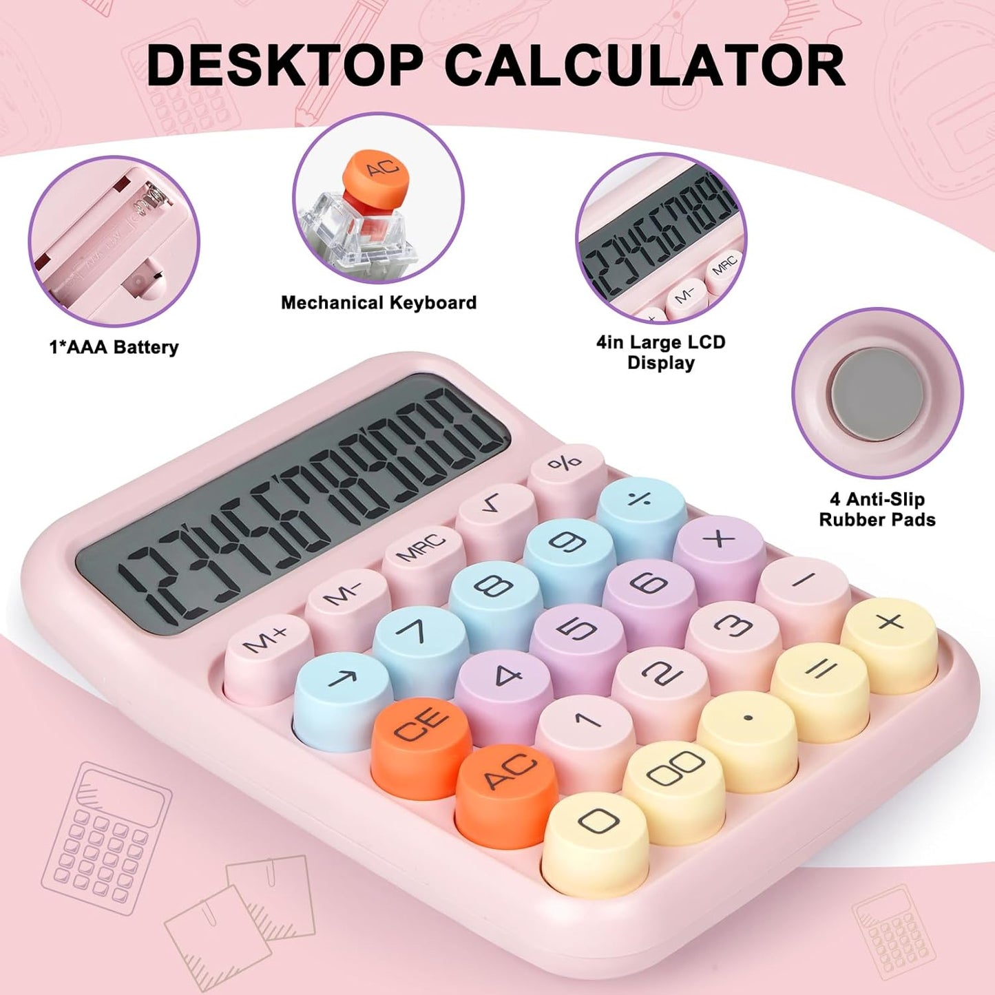 Mechanical Switch Calculator with Big Buttons, Calculators Desktop, 12 Digits, Large LCD Display, Desk Calculator, Cute Pink Calculators for Teachers Students Basic Office (Pink)