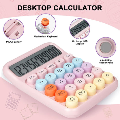 Mechanical Switch Calculator with Big Buttons, Calculators Desktop, 12 Digits, Large LCD Display, Desk Calculator, Cute Pink Calculators for Teachers Students Basic Office (Pink)