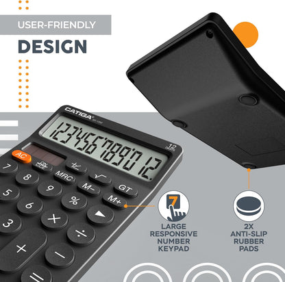 CATIGA 12 Digit Desktop Calculator Basic Desk Calculator with Large LCD Display, Big Buttons, 4 Function, Solar and Battery Dual Power, for Office, School, Home, SD-1292 Green