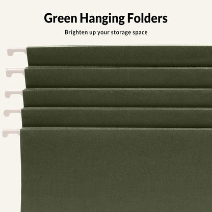 SUNEE Hanging File Folders, 25 Pack Reinforced Hang Folders Letter Size, Adjustable 1/5-Cut Tabs, Designed for Bulky Files, Filing Cabinet, Standard Green