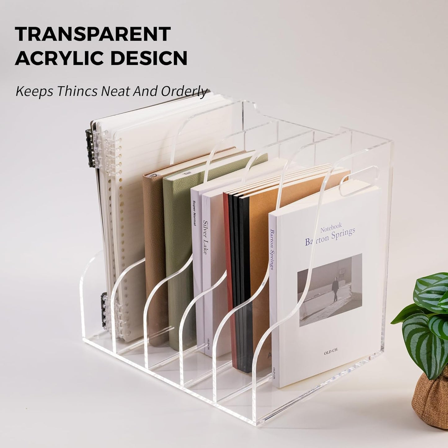 Acrylic Magazine File Holder, 4 Vertical Compartments Desk Document Sorter Organizer, Clear Folder Rack Binder for Office/Home/Classroom, for Documents, Tablet, Magazines, Books & Accessories
