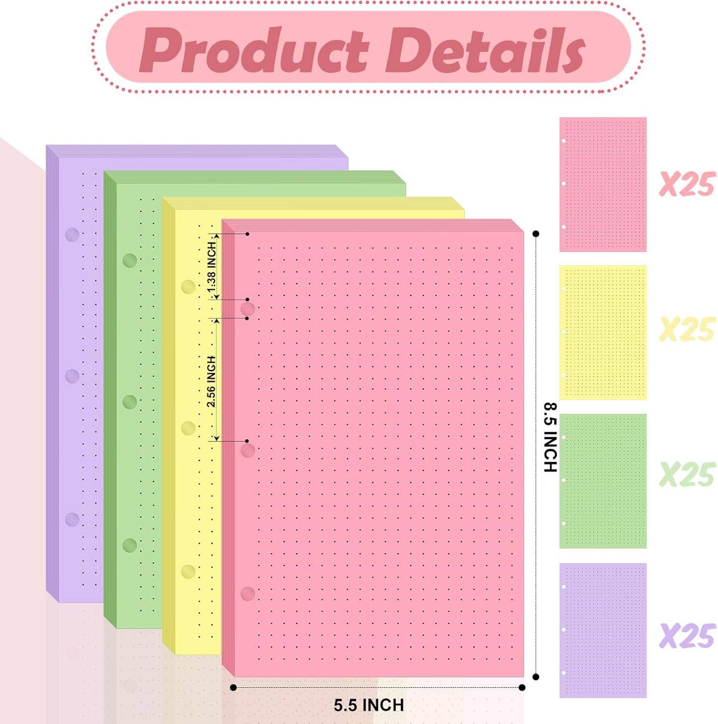 100 sheet Half Letter Graph Paper Refill 3 Hole Punch 5-1/2 x 8-1/2 College Ruled Grid Paper Pad Math Graph Paper Pad Colored Mini Binder Paper Planner Inserts Fits 3 Ring Binders For Office