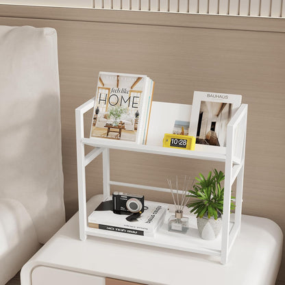 ELITEROO Desktop Bookshelf, 2 Tier Desk Shelf Organizer, Wooden Tabletop Bookcase, Small Desk Top Book Rack for Office, Home, Bedroom, Small Space Storage and Display, Rustic Brown