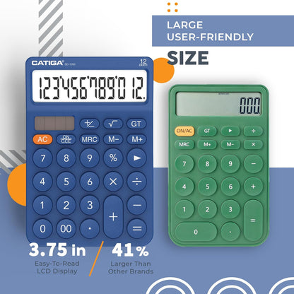 CATIGA 12 Digit Desktop Calculator Basic Desk Calculator with Large LCD Display, Big Buttons, 4 Function, Solar and Battery Dual Power, for Office, School, Home, SD-1292 Green