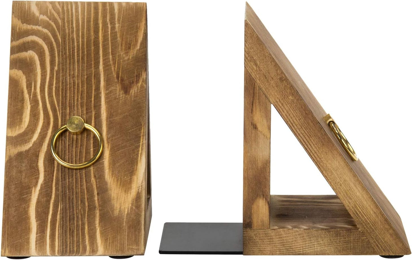 MyGift Brass Wood Decorative Bookends Triangular Design, Office Desk Wooden Book Ends, Book Stand for Shelves with Tone Ring Accent, Rustic Burnt
