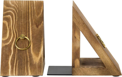 MyGift Brass Wood Decorative Bookends Triangular Design, Office Desk Wooden Book Ends, Book Stand for Shelves with Tone Ring Accent, Rustic Burnt