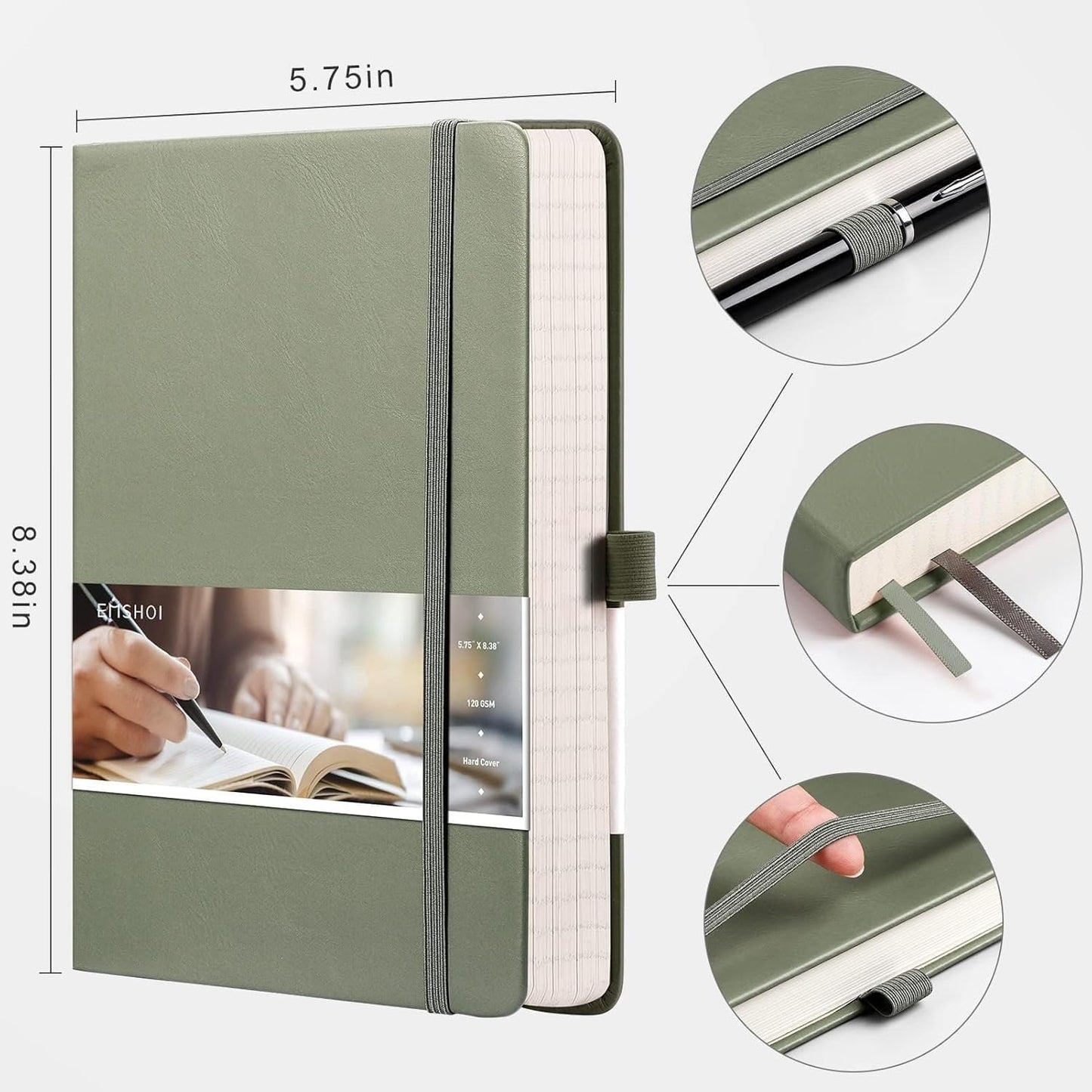 EMSHOI Graph Paper Notebook - 256 Pages A5 Graph Notebook/Journal, Hard Cover, 120gsm Thick Paper, Smooth PU Leather, Inner Pocket, 5.75'' × 8.38''-Black