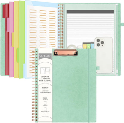 Ospelelf Leather Clipboard Folio with Notepad for Letter Size, Spiral Clipboard Folder with Storage Zipper Pouch, 5 Folders with 10 Pockets, 39 Divider Label Stickers, Pen Loop Series (Green)