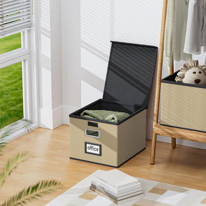 Huolewa Upgraded Portable File Organizer Box with Lid, Collapsible Linen Hanging Filing Storage Boxes with Plastic Slides, Decorative Home/Office Filing System Box for File and Folders Storage (Gray)