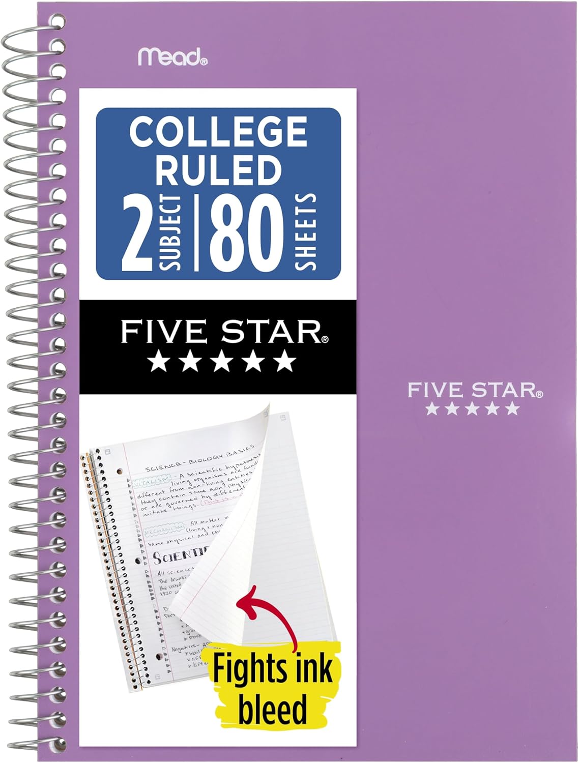 Five Star Spiral Notebook, 2 Subject, College Ruled Paper, 6" x 9.5", 80 Sheets, Blue (Color May Vary) (840029CG1)