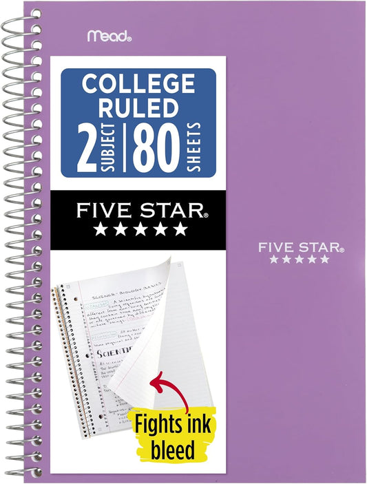 Five Star Spiral Notebook, 2 Subject, College Ruled Paper, 6" x 9.5", 80 Sheets, Blue (Color May Vary) (840029CG1)