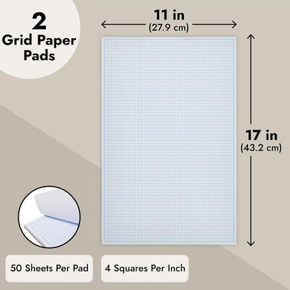 Bright Creations 2 Pack Engineering Graph Paper Pads, 11x17 Quadrille Grid Paper for Drafting, Engineering, Blueprint Drawing, Architect Designers (4 Squares Per Inch, 50 Sheets Each Pad)