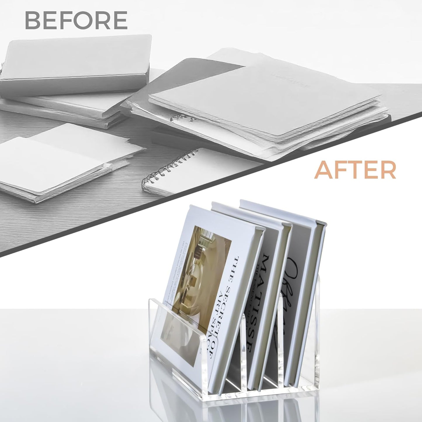 5 Compartments Clear Acrylic Mail Holder – Vertical Letter Sorter & Multifunction Desk Organizer for Bills, Documents, Notebooks – Modern Office/Home Envelope File Rack