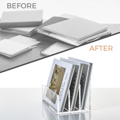 5 Compartments Clear Acrylic Mail Holder – Vertical Letter Sorter & Multifunction Desk Organizer for Bills, Documents, Notebooks – Modern Office/Home Envelope File Rack