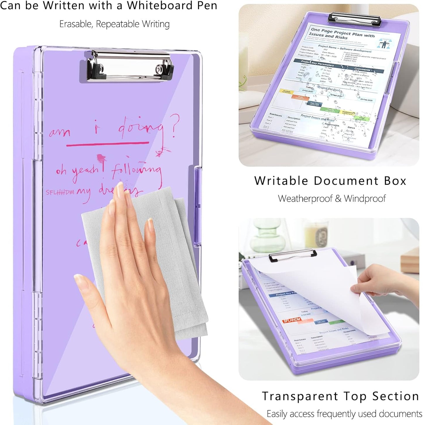 SFLHHDM Clipboard with Storage,Heavy Duty Clip Boards 8.5x11 with 2 Storage Case,Clear Visible Panel Storage Clipboards,Side Opening Nursing Clipboard Folder for Office Supplies-Light Purple
