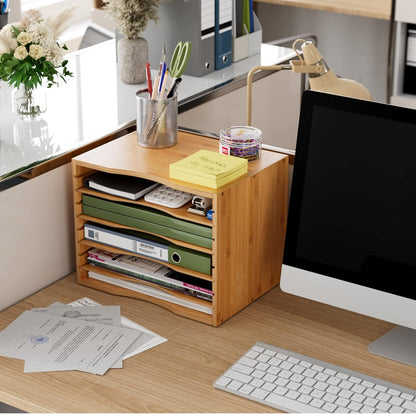 Bamjoy Bamboo 5 Tier Desktop Organizer, Paper Organizer Mail Sorter, File Holder Letter Document Storage with Adjustable Shelves for School Home Office, White