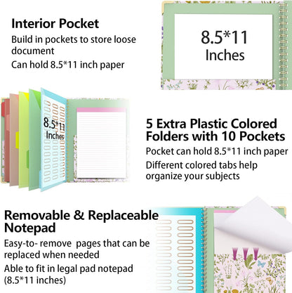 Clipboard Folder with Notepad Refillable Lined for Letter Size (11" x 8.5"), 5 Dividers with Storage 10 Pockets, Cute Spiral Foldable Clipboard with Metal Clip School Office Supplies (Sunflowers)