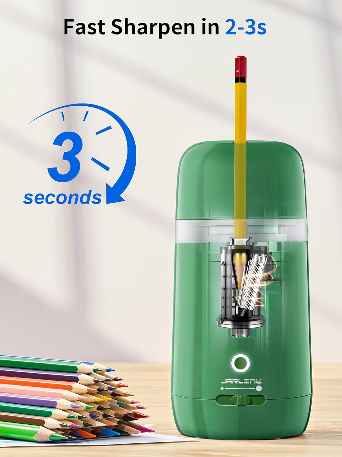 JARLINK Automatic Electric Pencil Sharpener - Hands-Free Operation, 3 Sharpness Modes, 3-Second Sharpening, Rechargeable & Portable for 7-12mm Pencils, Ideal for Classroom and Home Use (Black)