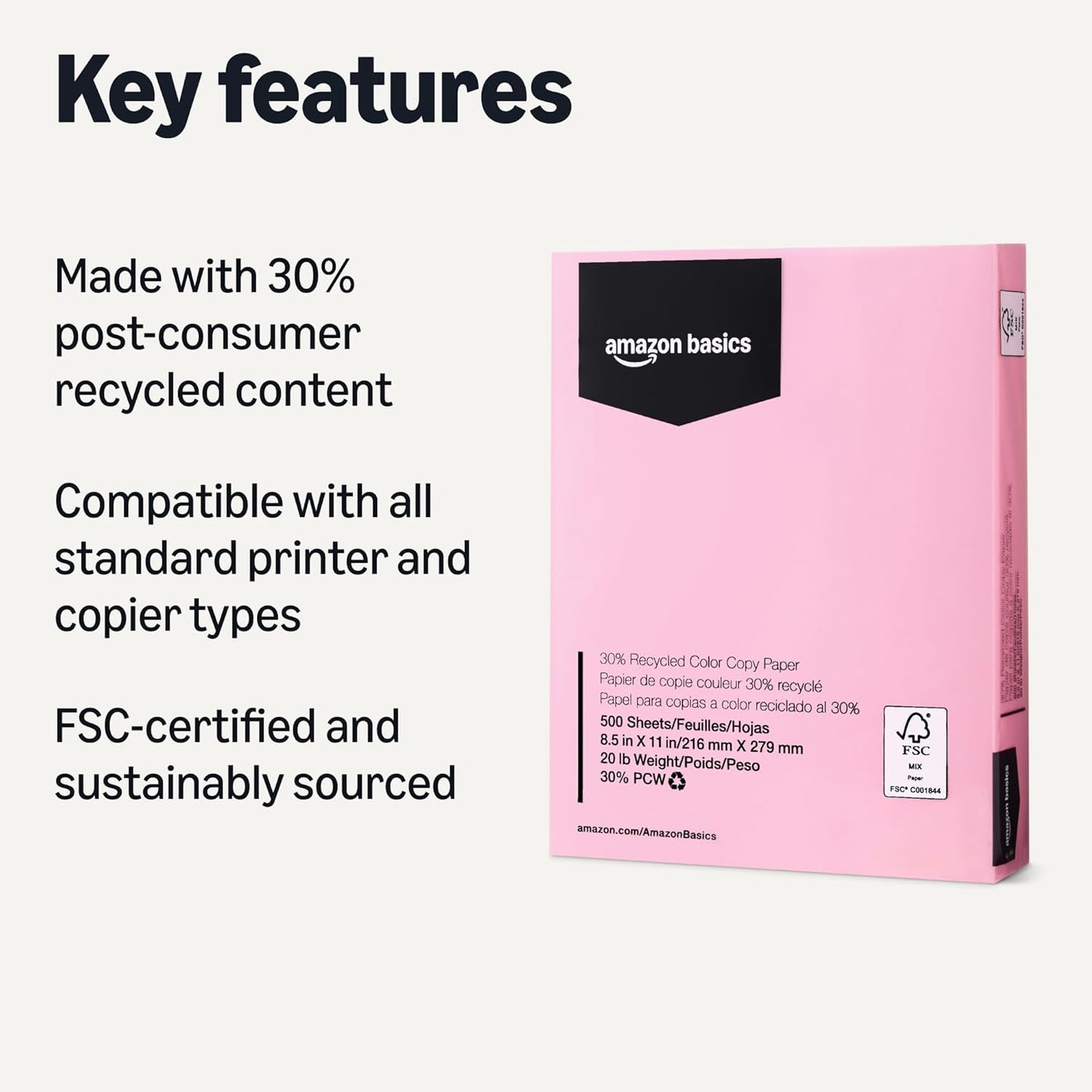 Amazon Basics 30% Recycled Color Copy Paper, 8.5" x 11", 20lb, Pastel Pink, 500 Sheets
