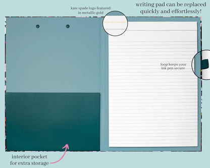 Kate Spade New York Clipboard Folio with Low Profile Clip, Black Professional Padfolio Includes Lined Notepad, Pen Loop, and Pocket, Polka Dots