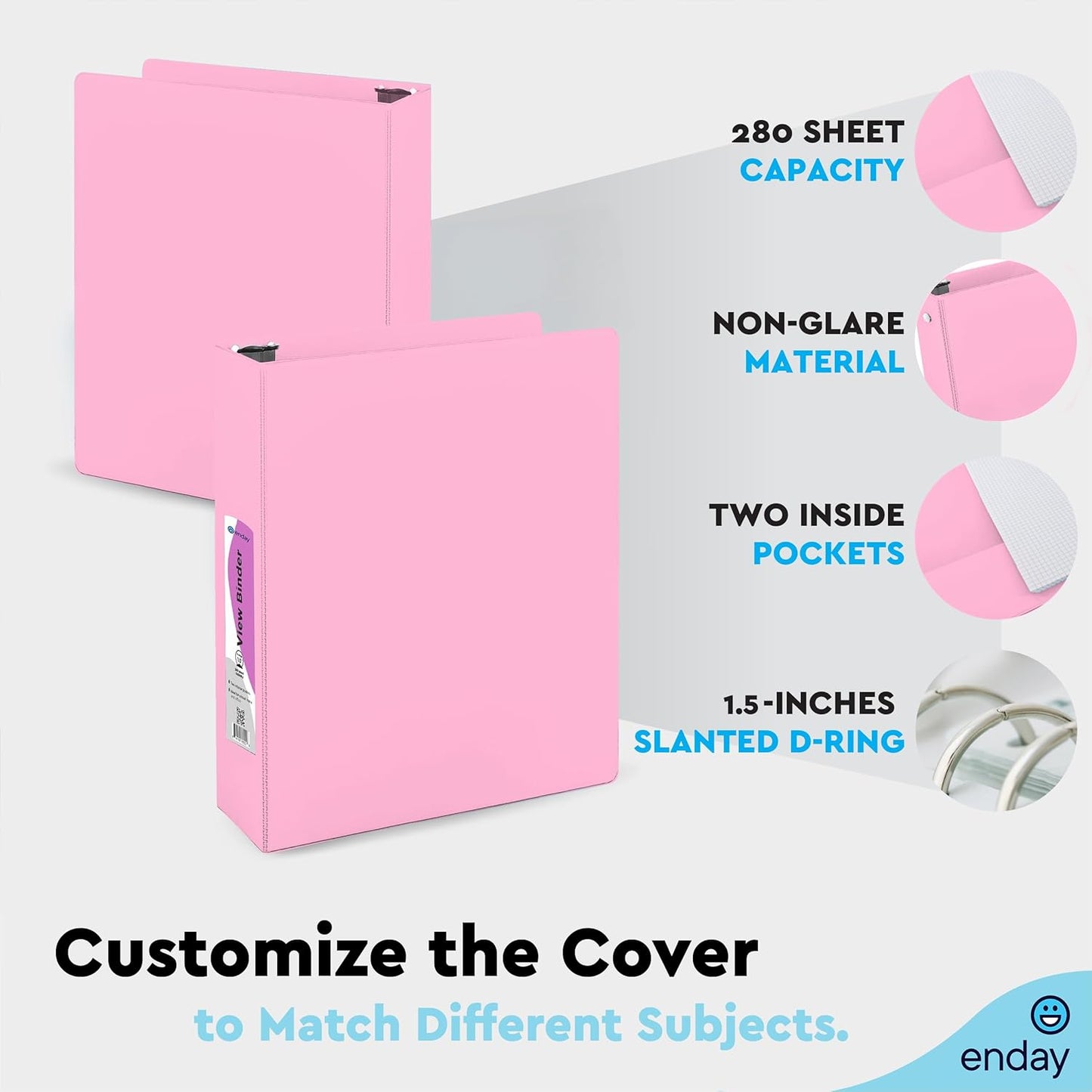 Enday 1.5 Inch Binder, Green - 1.5 Inch 3 Ring Binder, Round Ring Pastel with Clear View Cover for Letter Size 8.5 x 11'' Paper & 2 Inside Pockets, Ideal for School Supplies, Office, and Home